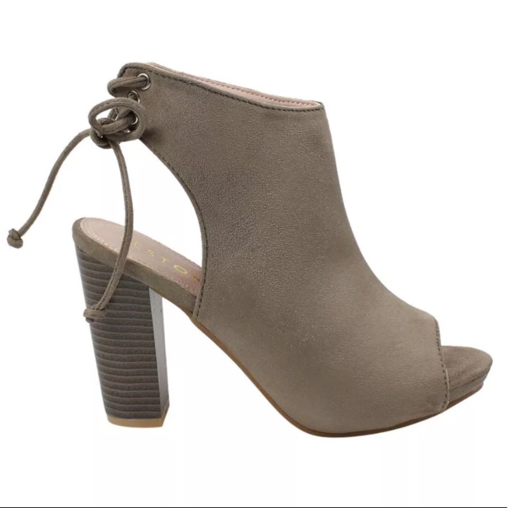 - Beston 7 Taupe Suede Peep Toe Lace Back Booties! NEW!
